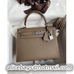 Famous Brand Hermes Kelly 25/28cm Bag in Original Epsom Leather K2528 Etoupe/Silver 2024 (Half Handmade)