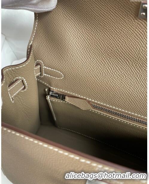 Famous Brand Hermes Kelly 25/28cm Bag in Original Epsom Leather K2528 Etoupe/Silver 2024 (Half Handmade)