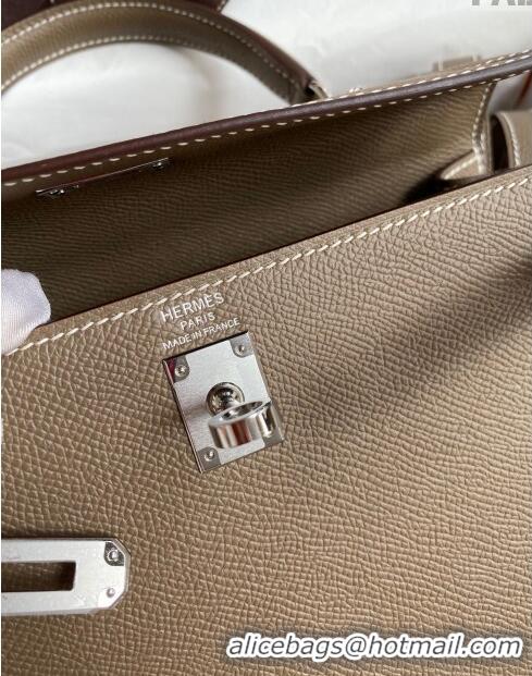 Famous Brand Hermes Kelly 25/28cm Bag in Original Epsom Leather K2528 Etoupe/Silver 2024 (Half Handmade)