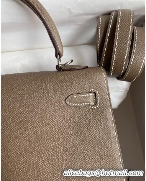 Famous Brand Hermes Kelly 25/28cm Bag in Original Epsom Leather K2528 Etoupe/Silver 2024 (Half Handmade)