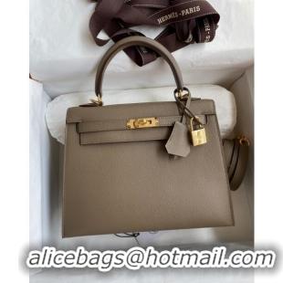 Top Quality Hermes Kelly 25/28m Bag in Original Epsom Leather K2528 Etoupe/Gold 2024 (Half Handmade)