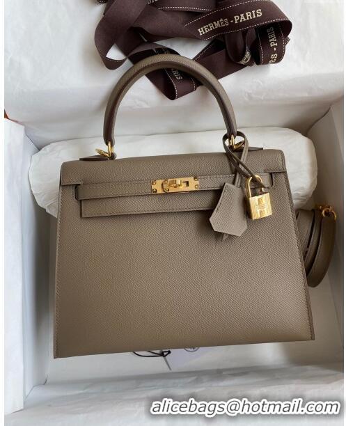 Top Quality Hermes Kelly 25/28m Bag in Original Epsom Leather K2528 Etoupe/Gold 2024 (Half Handmade)