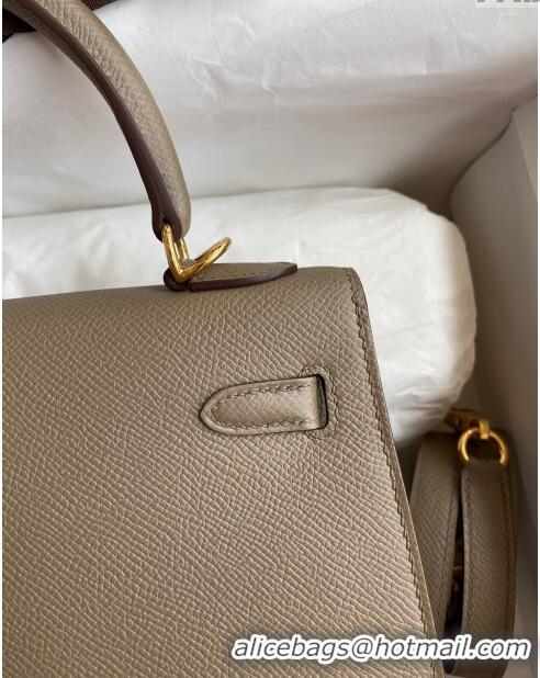 Top Quality Hermes Kelly 25/28m Bag in Original Epsom Leather K2528 Etoupe/Gold 2024 (Half Handmade)