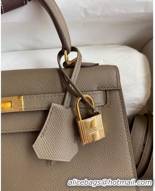 Top Quality Hermes Kelly 25/28m Bag in Original Epsom Leather K2528 Etoupe/Gold 2024 (Half Handmade)