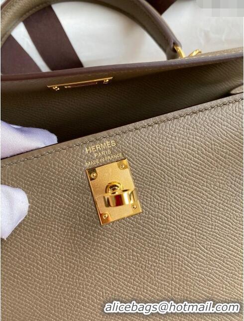 Top Quality Hermes Kelly 25/28m Bag in Original Epsom Leather K2528 Etoupe/Gold 2024 (Half Handmade)