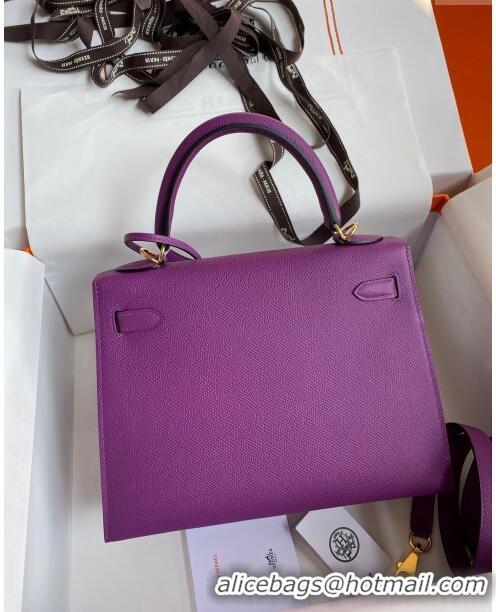 Promotional Hermes Kelly 25/28cm Bag in Original Epsom Leather K2528 Purple/Gold 2024 (Half Handmade)