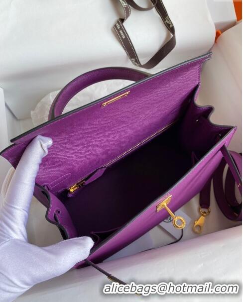 Promotional Hermes Kelly 25/28cm Bag in Original Epsom Leather K2528 Purple/Gold 2024 (Half Handmade)