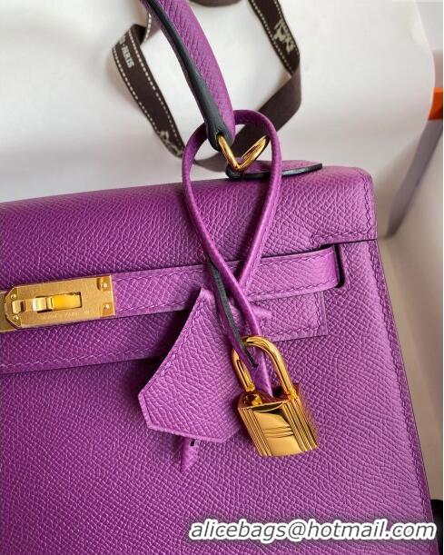 Promotional Hermes Kelly 25/28cm Bag in Original Epsom Leather K2528 Purple/Gold 2024 (Half Handmade)