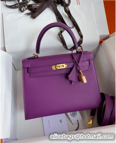 Promotional Hermes Kelly 25/28cm Bag in Original Epsom Leather K2528 Purple/Gold 2024 (Half Handmade)