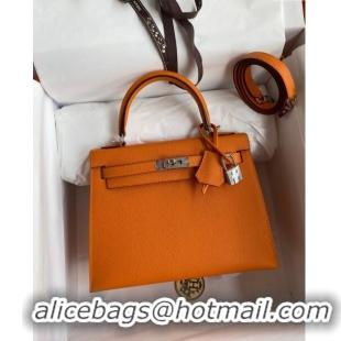 Top Quality Hermes Kelly 25/28cm Bag in Original Epsom Leather K2528 Orange/Silver 2024 (Half Handmade)