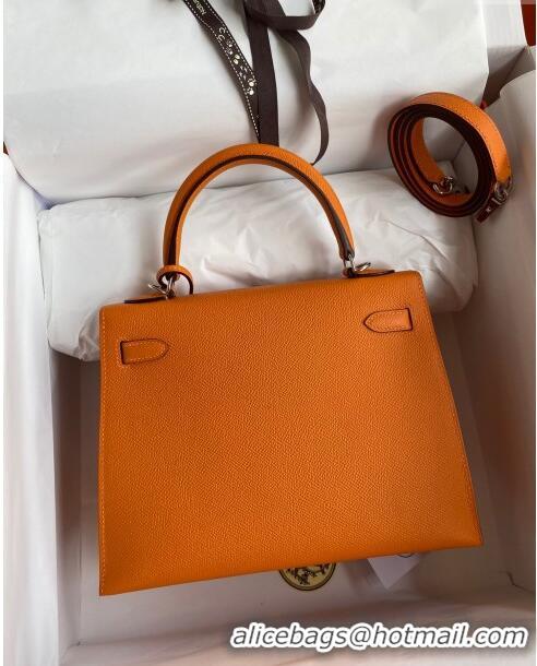 Top Quality Hermes Kelly 25/28cm Bag in Original Epsom Leather K2528 Orange/Silver 2024 (Half Handmade)