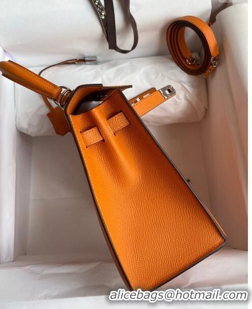 Top Quality Hermes Kelly 25/28cm Bag in Original Epsom Leather K2528 Orange/Silver 2024 (Half Handmade)