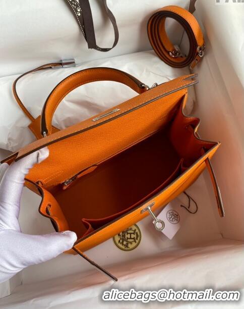 Top Quality Hermes Kelly 25/28cm Bag in Original Epsom Leather K2528 Orange/Silver 2024 (Half Handmade)