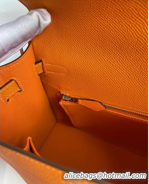 Top Quality Hermes Kelly 25/28cm Bag in Original Epsom Leather K2528 Orange/Silver 2024 (Half Handmade)