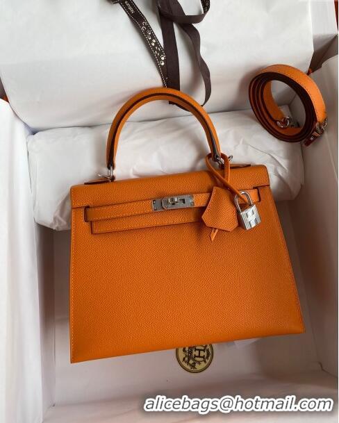 Top Quality Hermes Kelly 25/28cm Bag in Original Epsom Leather K2528 Orange/Silver 2024 (Half Handmade)