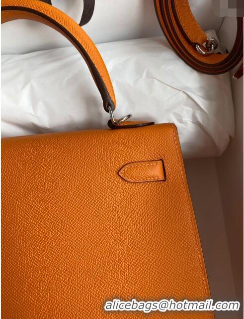 Top Quality Hermes Kelly 25/28cm Bag in Original Epsom Leather K2528 Orange/Silver 2024 (Half Handmade)