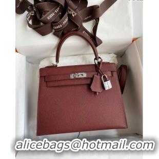 Best Price Hermes Kelly 25/28cm Bag in Original Epsom Leather K2528 Burgundy/Silver 2024 ((Half Handmade)