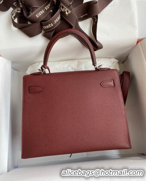 Best Price Hermes Kelly 25/28cm Bag in Original Epsom Leather K2528 Burgundy/Silver 2024 ((Half Handmade)