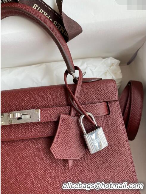 Best Price Hermes Kelly 25/28cm Bag in Original Epsom Leather K2528 Burgundy/Silver 2024 ((Half Handmade)