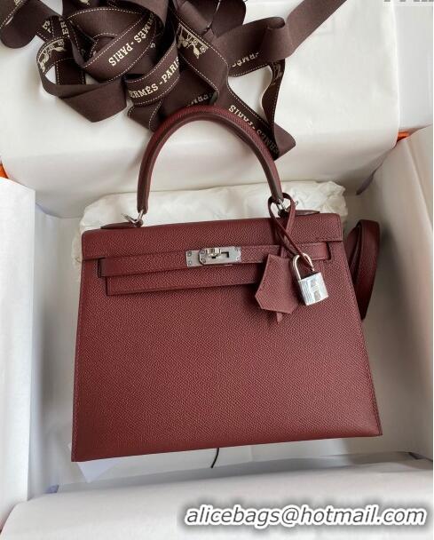 Best Price Hermes Kelly 25/28cm Bag in Original Epsom Leather K2528 Burgundy/Silver 2024 ((Half Handmade)