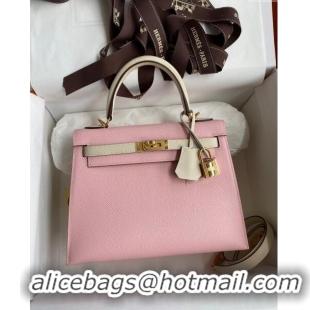 Top Grade Hermes Kelly 25/28cm Bag in Original Epsom Leather K2528 3Q Pink/White/Gold 2024 ((Half Handmade)