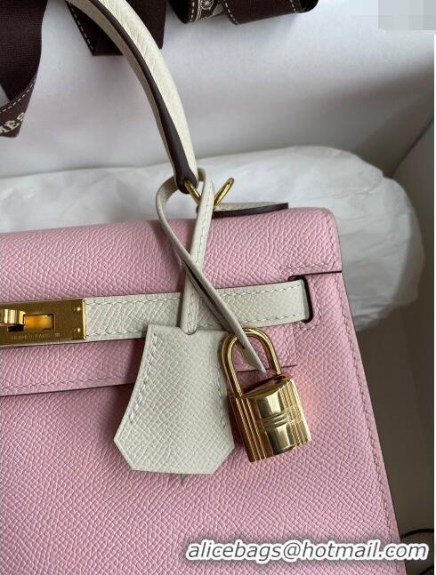 Top Grade Hermes Kelly 25/28cm Bag in Original Epsom Leather K2528 3Q Pink/White/Gold 2024 ((Half Handmade)