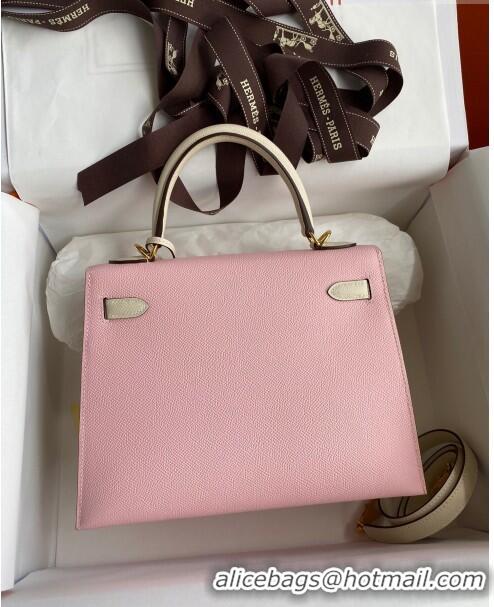 Top Grade Hermes Kelly 25/28cm Bag in Original Epsom Leather K2528 3Q Pink/White/Gold 2024 ((Half Handmade)