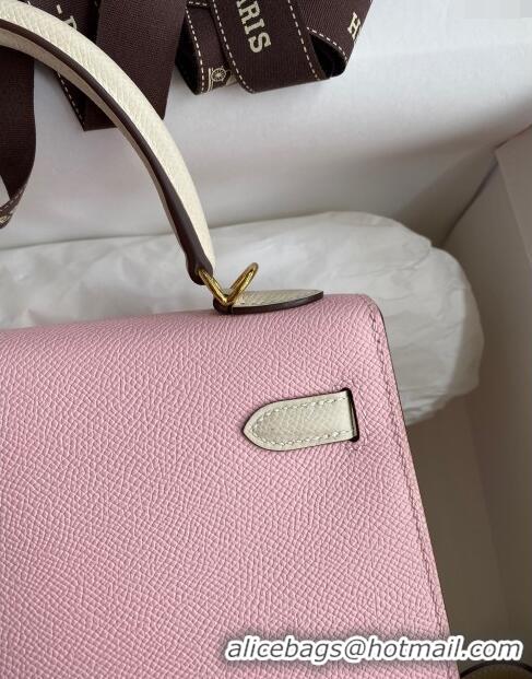 Top Grade Hermes Kelly 25/28cm Bag in Original Epsom Leather K2528 3Q Pink/White/Gold 2024 ((Half Handmade)