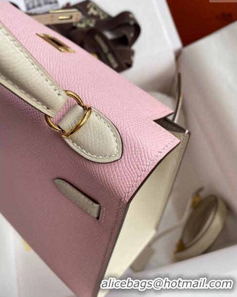 Top Grade Hermes Kelly 25/28cm Bag in Original Epsom Leather K2528 3Q Pink/White/Gold 2024 ((Half Handmade)