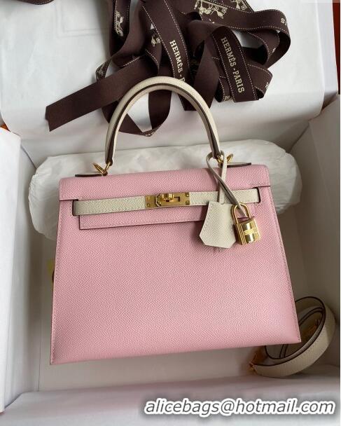 Top Grade Hermes Kelly 25/28cm Bag in Original Epsom Leather K2528 3Q Pink/White/Gold 2024 ((Half Handmade)