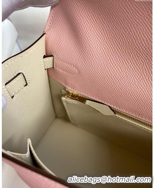 Top Grade Hermes Kelly 25/28cm Bag in Original Epsom Leather K2528 3Q Pink/White/Gold 2024 ((Half Handmade)