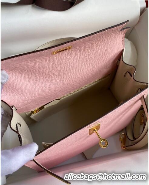 Top Grade Hermes Kelly 25/28cm Bag in Original Epsom Leather K2528 3Q Pink/White/Gold 2024 ((Half Handmade)