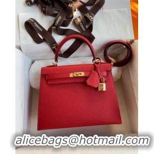 Top Design Hermes Kelly 25/28cm Bag in Original Epsom Leather K2528 Red/Gold 2024 ((Half Handmade)