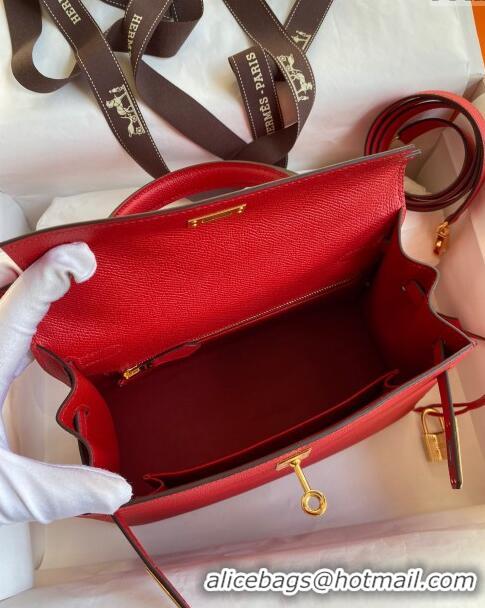 Top Design Hermes Kelly 25/28cm Bag in Original Epsom Leather K2528 Red/Gold 2024 ((Half Handmade)