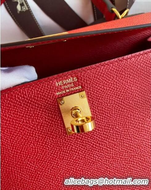 Top Design Hermes Kelly 25/28cm Bag in Original Epsom Leather K2528 Red/Gold 2024 ((Half Handmade)