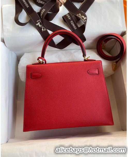 Top Design Hermes Kelly 25/28cm Bag in Original Epsom Leather K2528 Red/Gold 2024 ((Half Handmade)