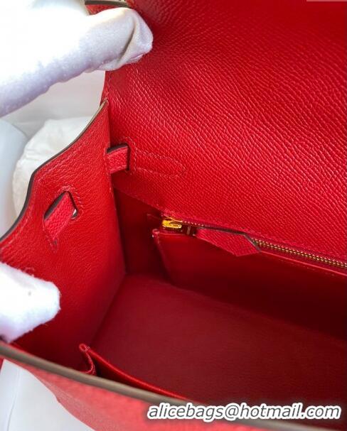 Top Design Hermes Kelly 25/28cm Bag in Original Epsom Leather K2528 Red/Gold 2024 ((Half Handmade)