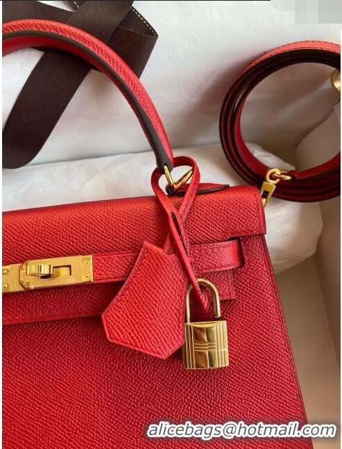 Top Design Hermes Kelly 25/28cm Bag in Original Epsom Leather K2528 Red/Gold 2024 ((Half Handmade)