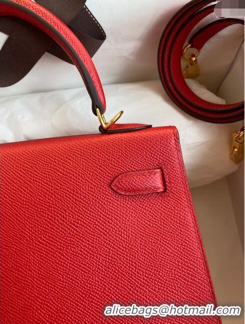 Top Design Hermes Kelly 25/28cm Bag in Original Epsom Leather K2528 Red/Gold 2024 ((Half Handmade)