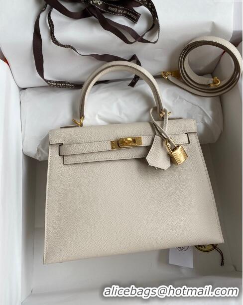 Luxurious Hermes Kelly 25/28cm Bag in Original Epsom Leather K2528 Milk Shake White/Gold 2024 ((Half Handmade)