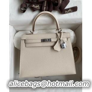 Trendy Design Hermes Kelly 25/28cm Bag in Original Epsom Leather K2528 Milk Shake White/Silver 2024 ((Half Handmade)