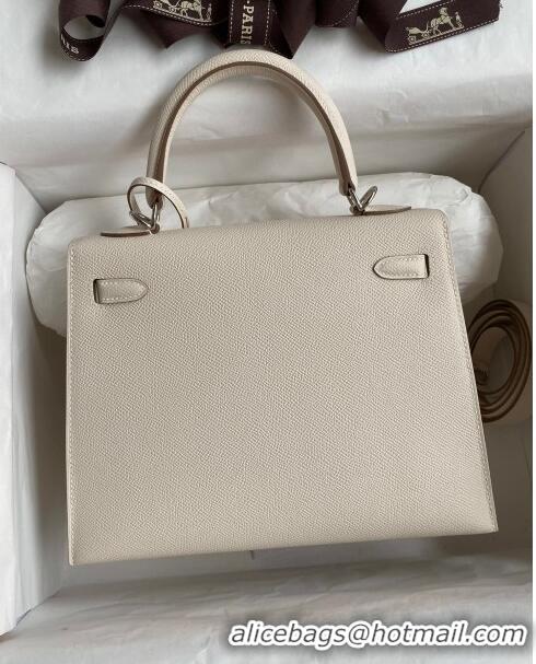 Trendy Design Hermes Kelly 25/28cm Bag in Original Epsom Leather K2528 Milk Shake White/Silver 2024 ((Half Handmade)