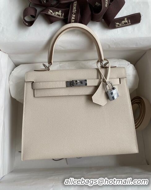 Trendy Design Hermes Kelly 25/28cm Bag in Original Epsom Leather K2528 Milk Shake White/Silver 2024 ((Half Handmade)