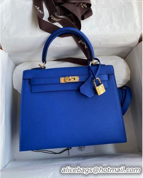 Luxurious Hermes Kelly 25/28cm Bag in Original Epsom Leather K2528 Blue/Gold 2024 ((Half Handmade)