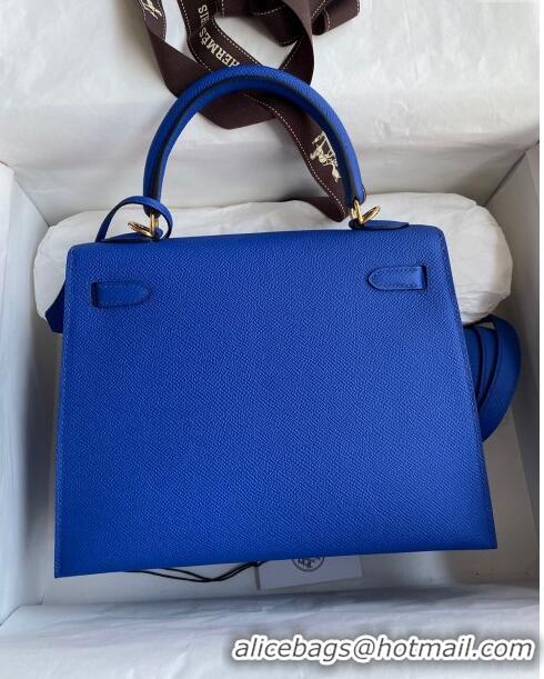 Luxurious Hermes Kelly 25/28cm Bag in Original Epsom Leather K2528 Blue/Gold 2024 ((Half Handmade)