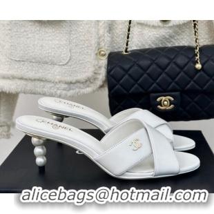 Best Grade Chanel Lambskin Heel Slide Sandals 6cm with Pearls Heel White 424117