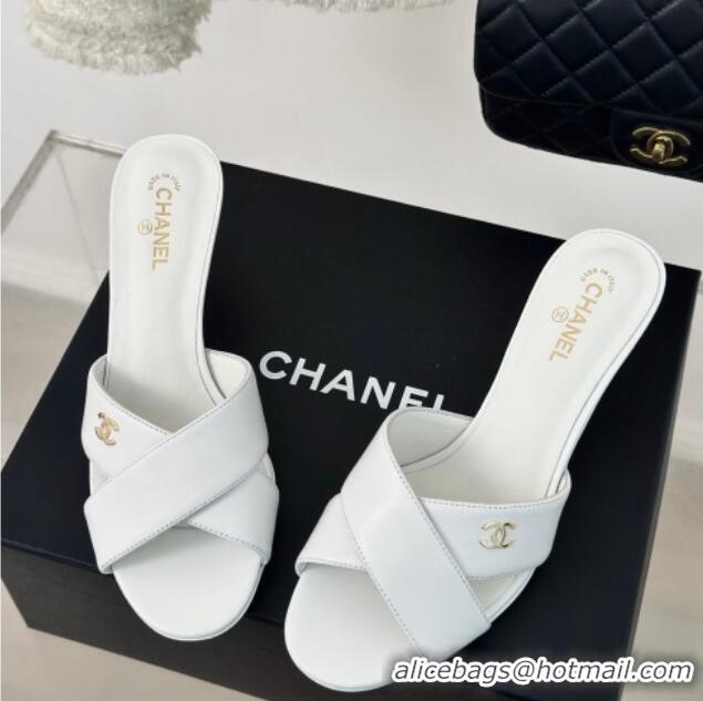 Best Grade Chanel Lambskin Heel Slide Sandals 6cm with Pearls Heel White 424117