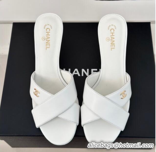 Best Grade Chanel Lambskin Heel Slide Sandals 6cm with Pearls Heel White 424117