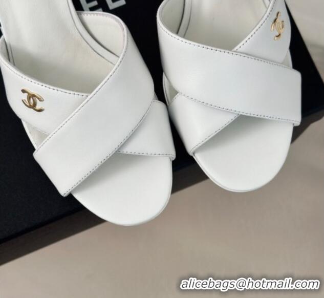 Best Grade Chanel Lambskin Heel Slide Sandals 6cm with Pearls Heel White 424117