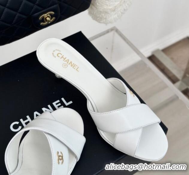 Best Grade Chanel Lambskin Heel Slide Sandals 6cm with Pearls Heel White 424117